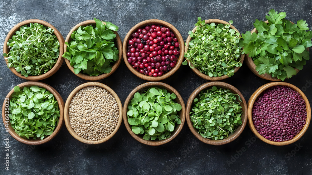 Assortment of Microgreens Seeds and Berries in Wooden Bowls on Dark Background Assortment of Microgreens Seeds and Berries in Wooden Bowls on Dark Background