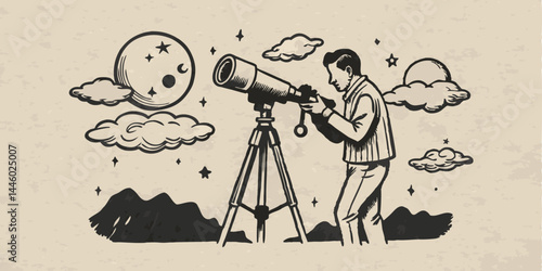 An astronomer observing the sky monochrome vintage image. Flat vector illustration.