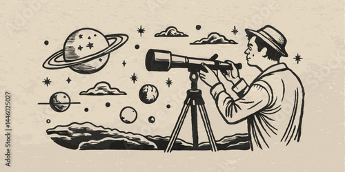 An astronomer observing the sky monochrome vintage image. Flat vector illustration.
