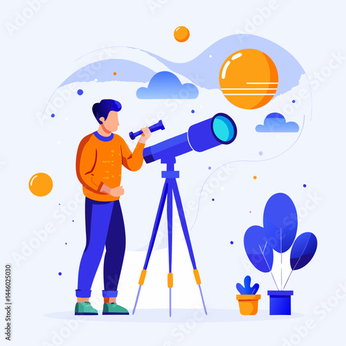 An astronomer observing the sky. Cartoon vector illustration on white background.