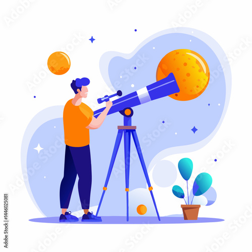 An astronomer observing the sky. Cartoon vector illustration on white background.