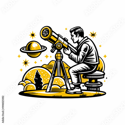 Hand drawn an astronomer observing the sky image. Flat image isolated on white background. Vector illustration.