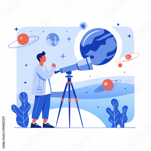 An astronomer observing the sky image. Flat style. Vector illustration.