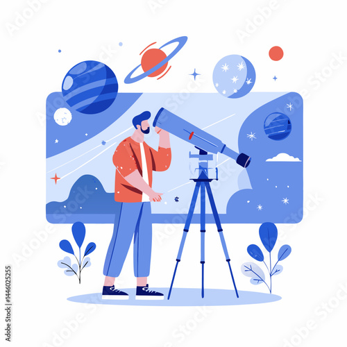 An astronomer observing the sky image. Flat style. Vector illustration.