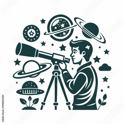 An astronomer observing the sky image. Simple flat vector illustration.