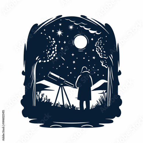 An astronomer observing the sky engraved vintage image. Vector illustration.
