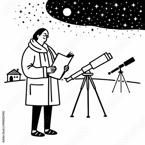 An astronomer observing the sky outline simple image. Flat style. Vector illustration.