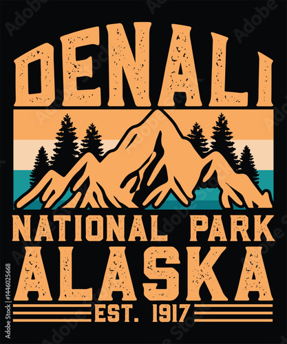 Explore Denali National Park – Vintage Alaska Travel Poster with Retro Mountain Landscape, Established 1917