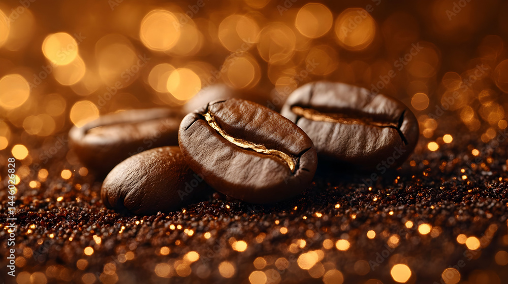 Close-Up of Roasted Coffee Beans on a Sparkling Brown Background Close-Up of Roasted Coffee Beans on a Sparkling Brown Background