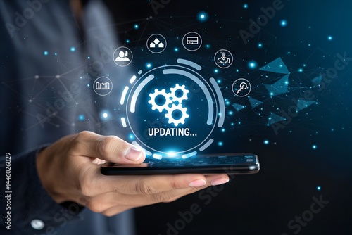 Digital System Update in Progress – Futuristic Technology Interface Depicting Software Maintenance, Gear Settings Icon, and Progress Bar on a Floating Smartphone Platform Representing.