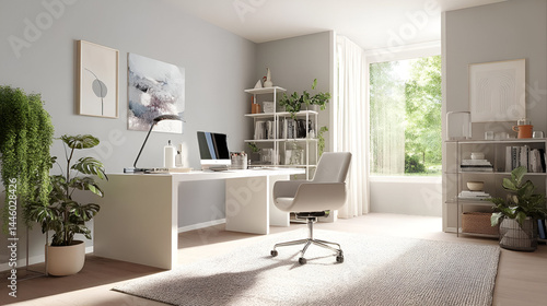 A modern home office with light grey walls, a white desk, and a comfortable ergonomic chair. A neutral-colored rug sits under the desk, and a sleek lamp adds a soft glow.