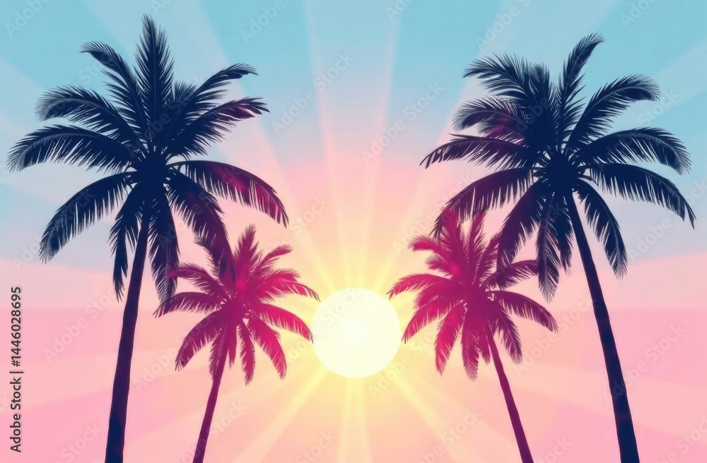 Evening sunset on a paradise beach. Beautiful sandy beach with silhouettes of palm trees. A stunning picture for relaxing on a flat seat. Palm trees at sunset. Summer holidays or holidays. Evening sunset on a paradise beach. Beautiful sandy beach with silhouettes of palm trees. A stunning picture for relaxing on a flat seat. Palm trees at sunset. Summer holidays or holidays.