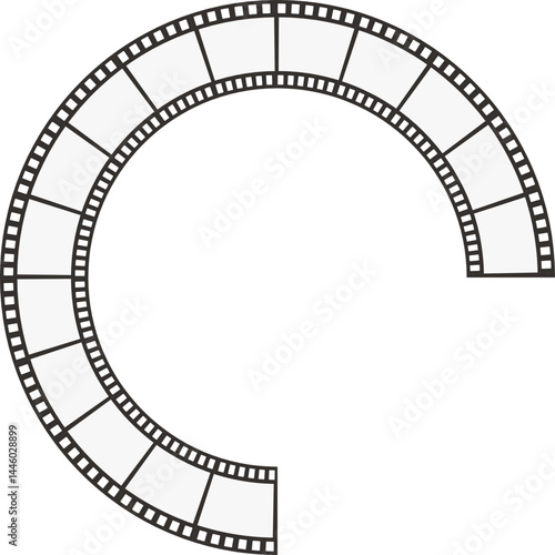 Circle path made of movie film tape with a section removed from its edge, creating an open frame.