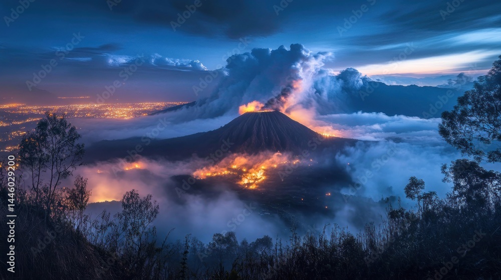 Volcanic sunrise over city Volcanic sunrise over city