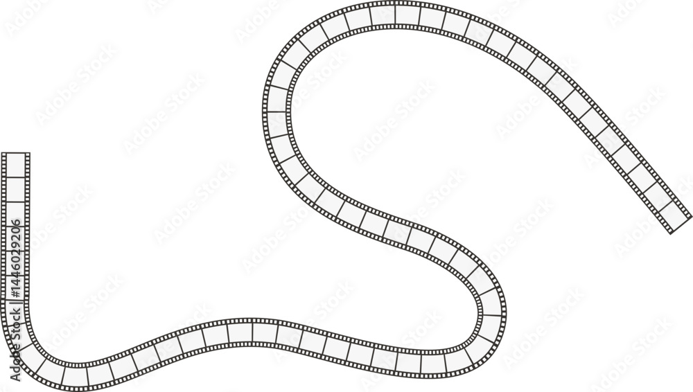 Fototapeta premium A curved line path with a sinuous, wavy design, containing negative film squares, resembling a classic film strip.