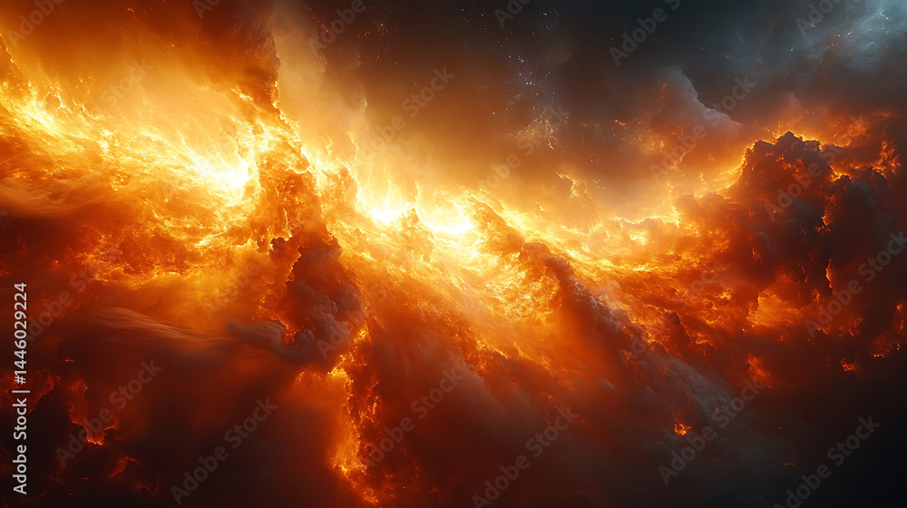 Naklejka premium Dramatic sky with fiery clouds abstract orange and black atmospheric cloudscape celestial theme energetic glowing light celestial phenomenon weather background texture