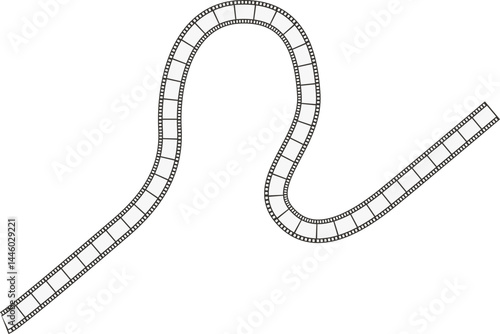 A curved line path with a sinuous, winding design, containing negative film squares, resembling a classic film strip.