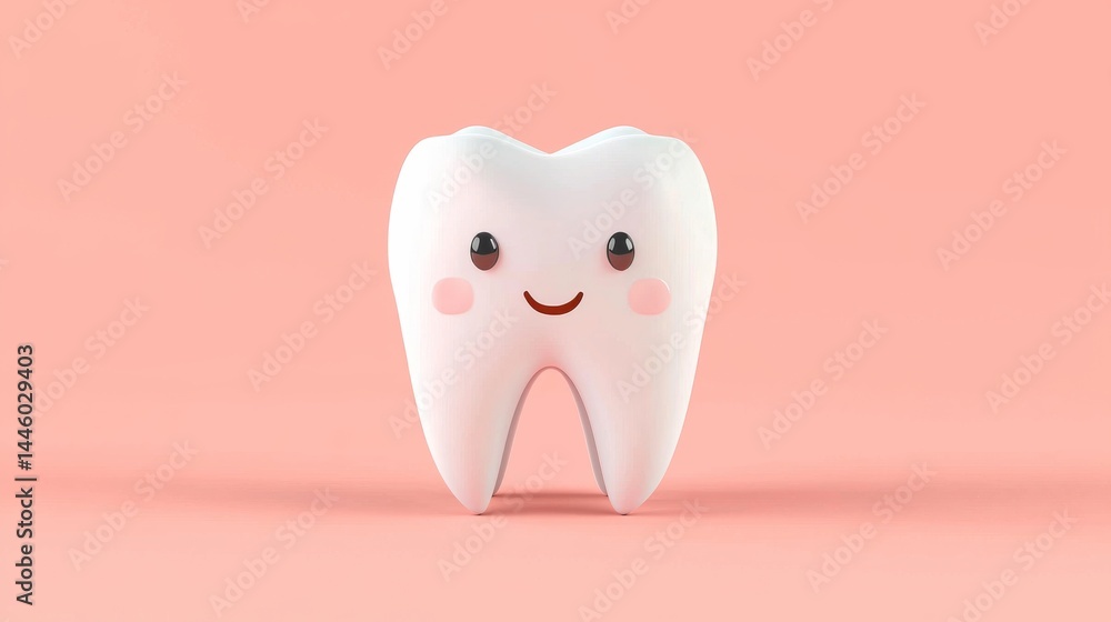 Cheerful Anthropomorphic Tooth Character Smiling Against Soft Pink Background Cheerful Anthropomorphic Tooth Character Smiling Against Soft Pink Background
