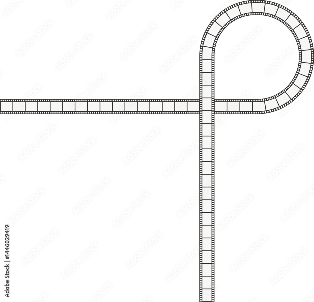Fototapeta premium A line path that forms a loop and then goes in a perpendicular direction, containing negative film squares, resembling a classic film strip.