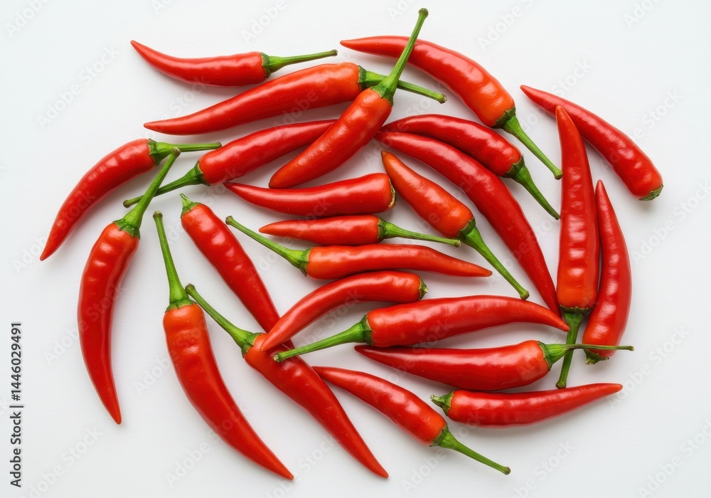 Pile of vibrant red chili peppers with green stems on white surface Pile of vibrant red chili peppers with green stems on white surface