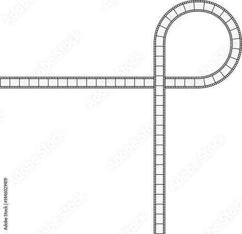 A line path that forms a loop and then goes in a perpendicular direction, containing negative film squares, resembling a classic film strip.