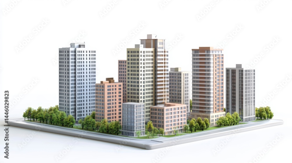Miniature cityscape model with high-rise buildings, trees, and roads on a white background. Miniature cityscape model with high-rise buildings, trees, and roads on a white background.