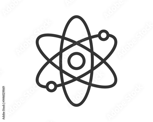 Clean line drawing of an atom. Represents science, physics, chemistry, and the building blocks of life. Use for educational materials or web design.