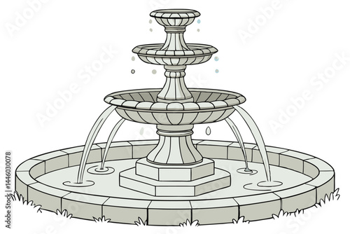 82 Ornate stone fountain, tiered water feature, flowing water streams, classical design, garden centerpiece, circular base, intricate details, splashing droplets, sunlit water, isolated on white backg