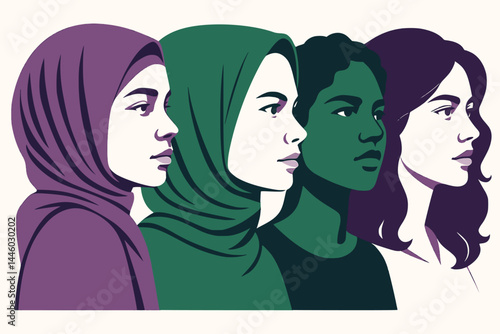 Woman's Day Banner vector, Woman history month, march, Empowering feminism, multiracial woman on a banner in different shades of purple and green