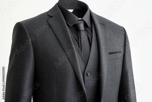 Stylish men s three piece suit dark grey patterned jacket black waistcoat elegant tie clean