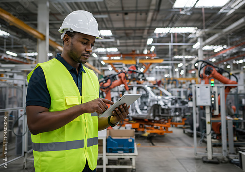 An engineer uses a tablet to check production details in a modern manufacturing facility.