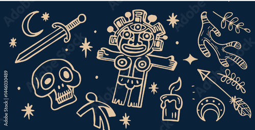 Hand-drawn vintage mystical and magic symbols illustration