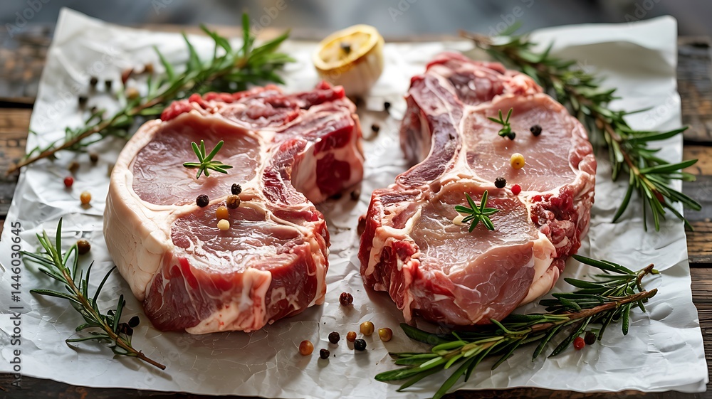 Raw Pork Chops With Rosemary And Pepper On Parchment Paper Still Life Raw Pork Chops With Rosemary And Pepper On Parchment Paper Still Life