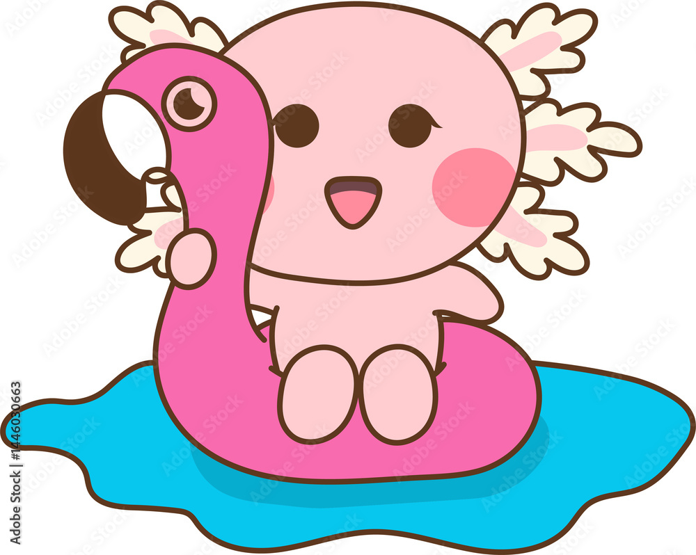 Fototapeta premium Cute pink axolotl floating on the water on a pink flamingo tube