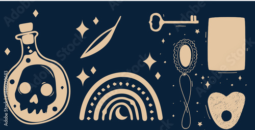 Hand-drawn vintage mystical and magic symbols illustration