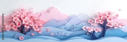 Wallpaper Mural Paper Craft Cherry Blossom Landscape: A beautifully crafted paper landscape featuring delicate cherry blossom trees and rolling hills, painted in serene pastel hues. Torontodigital.ca