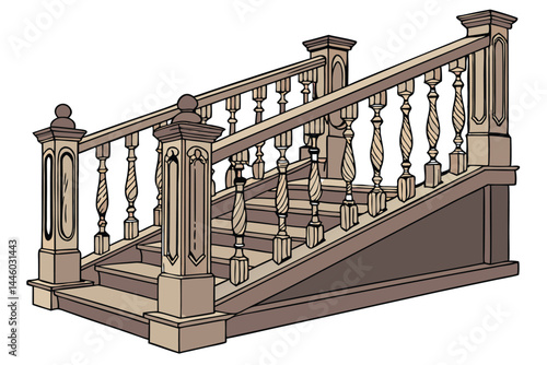 83 Rustic wooden balustrade, ornate spindles, weathered timber, porch railing, antique carpentry, detailed woodwork, warm brown tones, architectural detail, classic design, outdoor furniture element, 