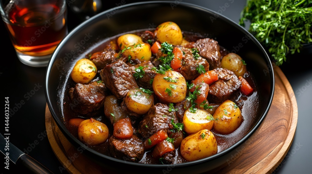 Delicious beef stew with potatoes and carrots simmering in rich gravy Delicious beef stew with potatoes and carrots simmering in rich gravy