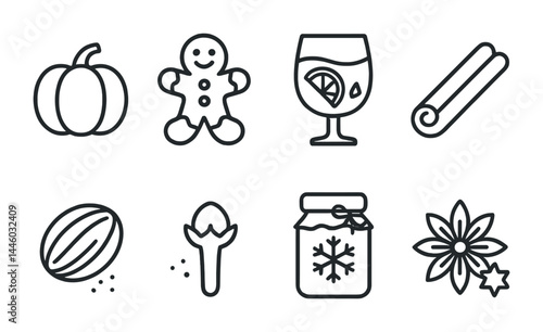 Autumn festive outline icon set – flat style fall, seasonal, and holiday symbols for decoration: pumpkin, gingerbread, cinnamon, watermelon, clove, jam, vanilla