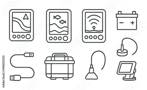 Fishing equipment line icons set – outline style angling, gear, and outdoor symbols for fishermen: fish finder, echo sounder, sensor, battery, usb cable, tackle box.