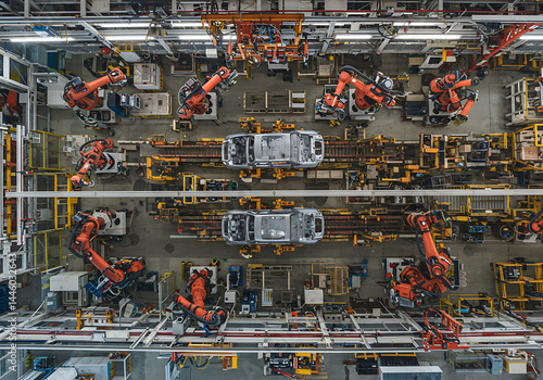 Aerial view showcases an automated car assembly line with robotic arms and vehicle frames.