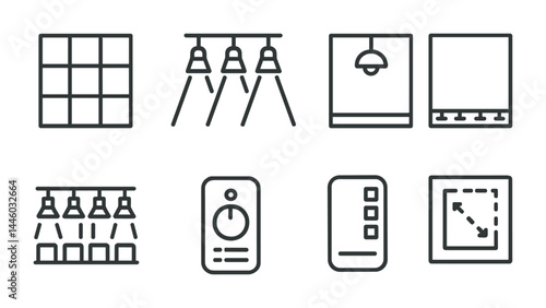 Modern interior design icons set – outline style home decor and lighting symbols for trendy spaces: grid, pendant lights, home plan, baseboard, dimmer, blueprint, expand.