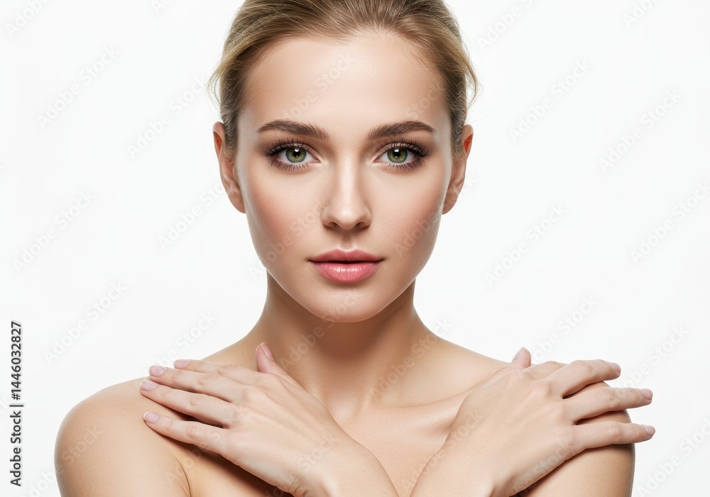 Fototapeta premium Close-up portrait of a beautiful woman with her hands on her shoulders