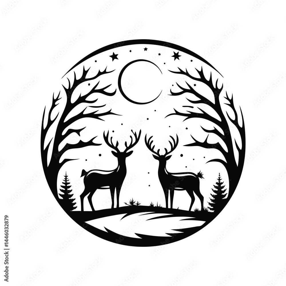 Obraz premium Silhouette Deer, Trees, and Moonlit Sky Serene Wildlife Black and White