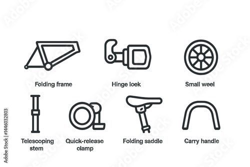 Folding bicycle outline icons - line style bike parts and accessories set for urban commute: folding frame, hinge lock, small wheel, telescoping stem, quick-release clamp, folding saddle, carry