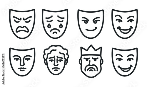 Theater and drama icon set – outline style for acting, performance, and stage design: comedy mask, tragedy mask, sad face, happy face, crown, greek mask