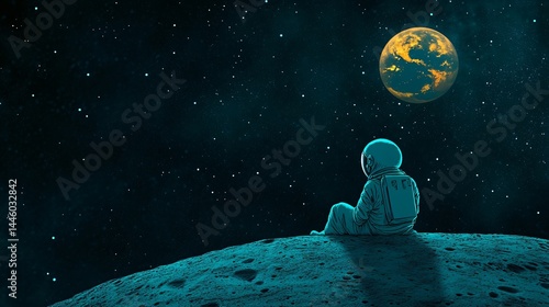 Wallpaper Mural A lone astronaut seated on barren moon surface in watercolor and ink style gazing at earthrise within a large circular nebula wash representing reflections on human journey and cosmic solitude Torontodigital.ca