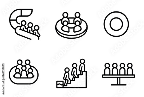 Amusement park outline icons – linear style playground, rides, and fun activity symbols for recreation: water slide, ferris wheel, carousel, bumper cars, roller coaster, ticket booth.