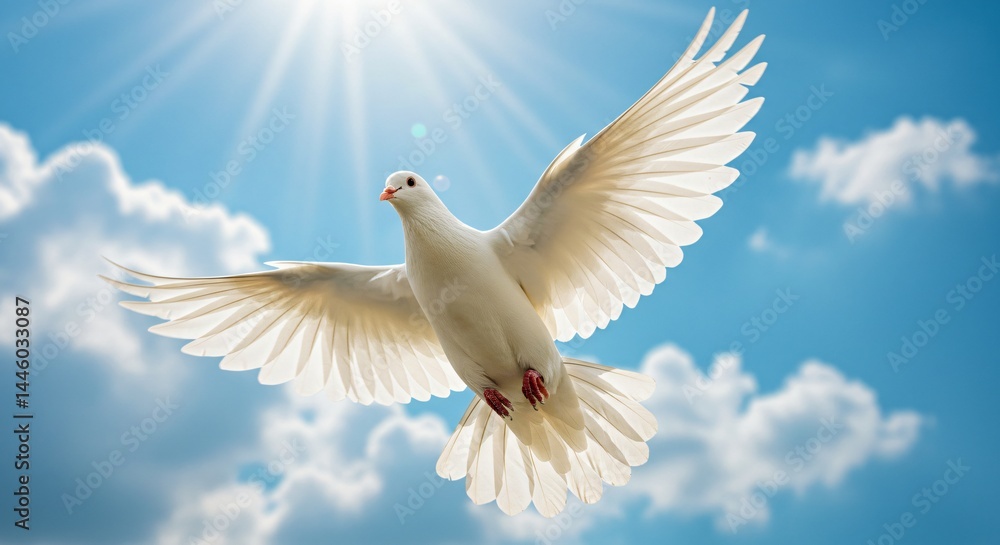 Fototapeta premium Close-up of a pure white dove flying through glowing sunlight, embodying peace and serenity.