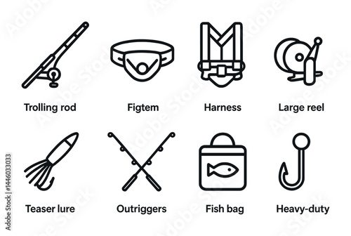 Fishing gear icons set – outline style equipment for angling and sportfishing enthusiasts: trolling rod, harness, reel, teaser lure, outriggers, fish bag, hook.